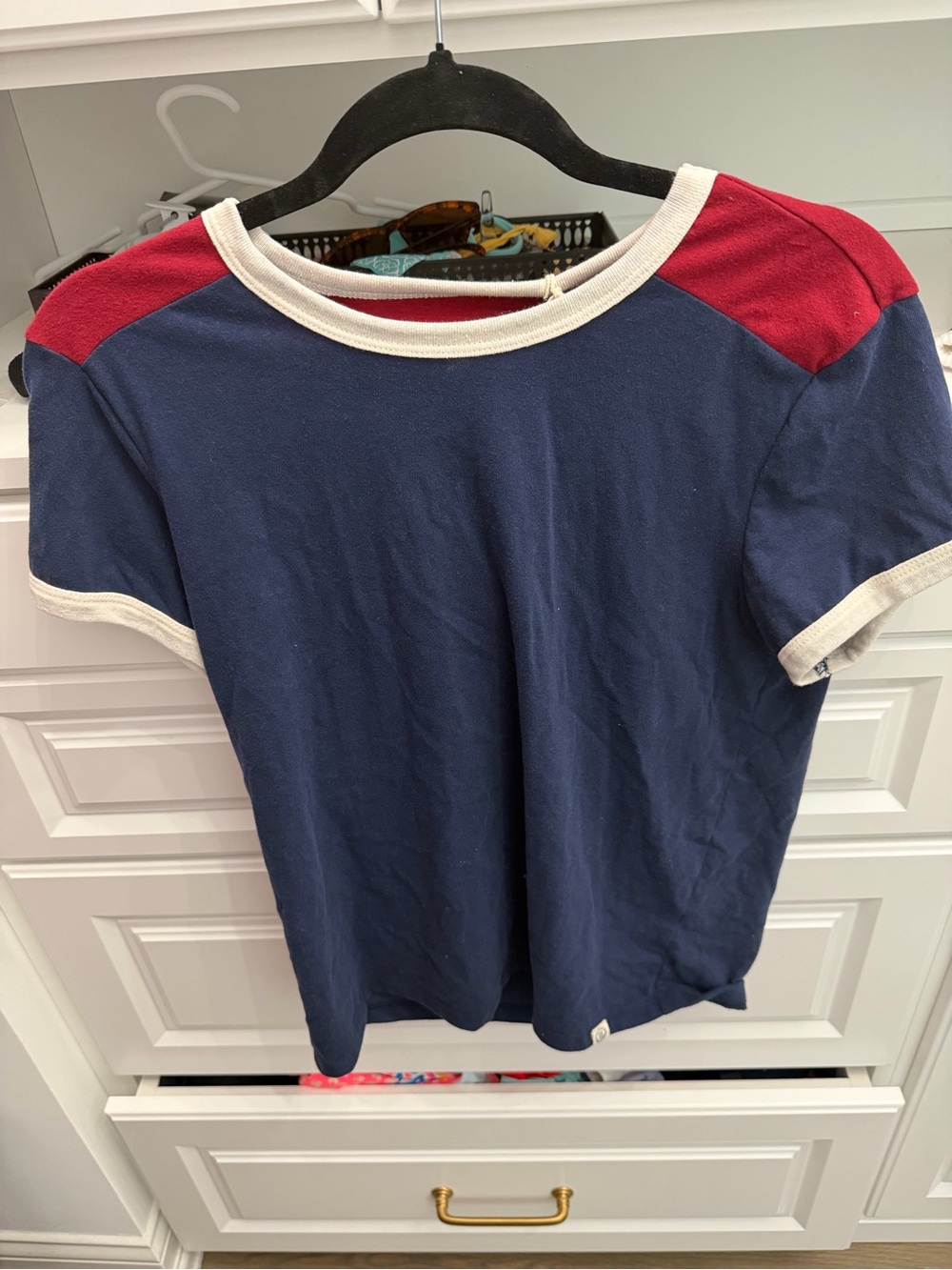 Marine Layer Navy Blue & Red Ringer Tee with Cream Trim
